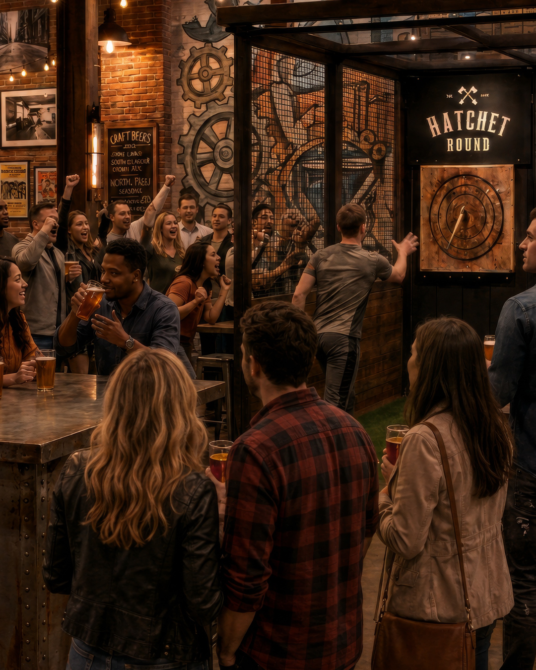 Guests cheering and celebrating around the axe throwing bay at a Hatchet Hound venue