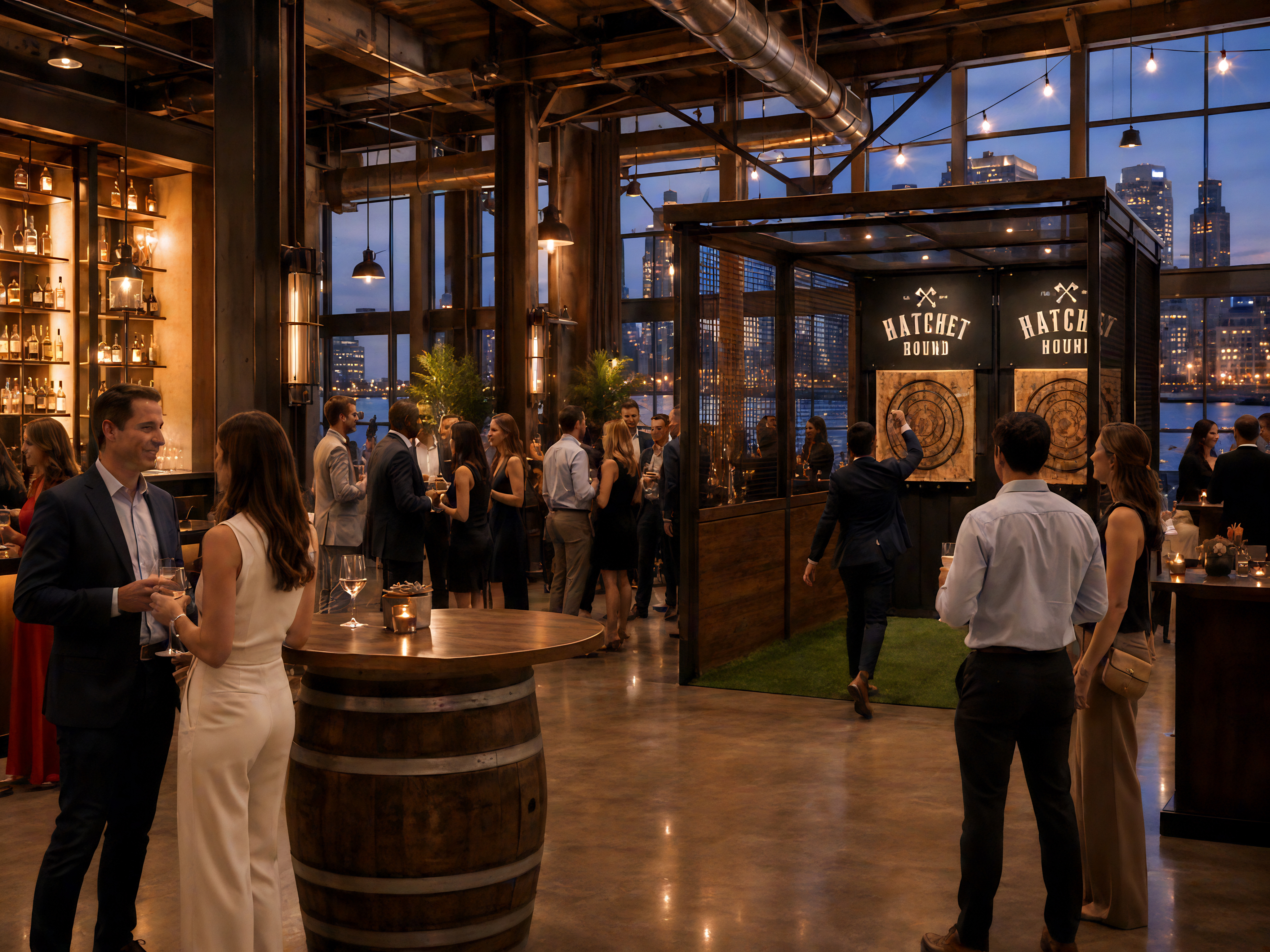 Guests mingling near an axe throwing bay at a rooftop Real Life Events venue overlooking the city skyline at night