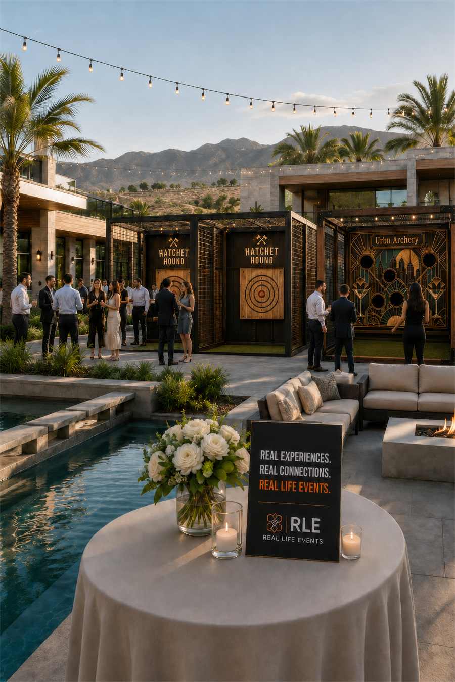 Guests mingling near the Hatchet Hound and Urbn Archery bays at a Real Life Events poolside activation