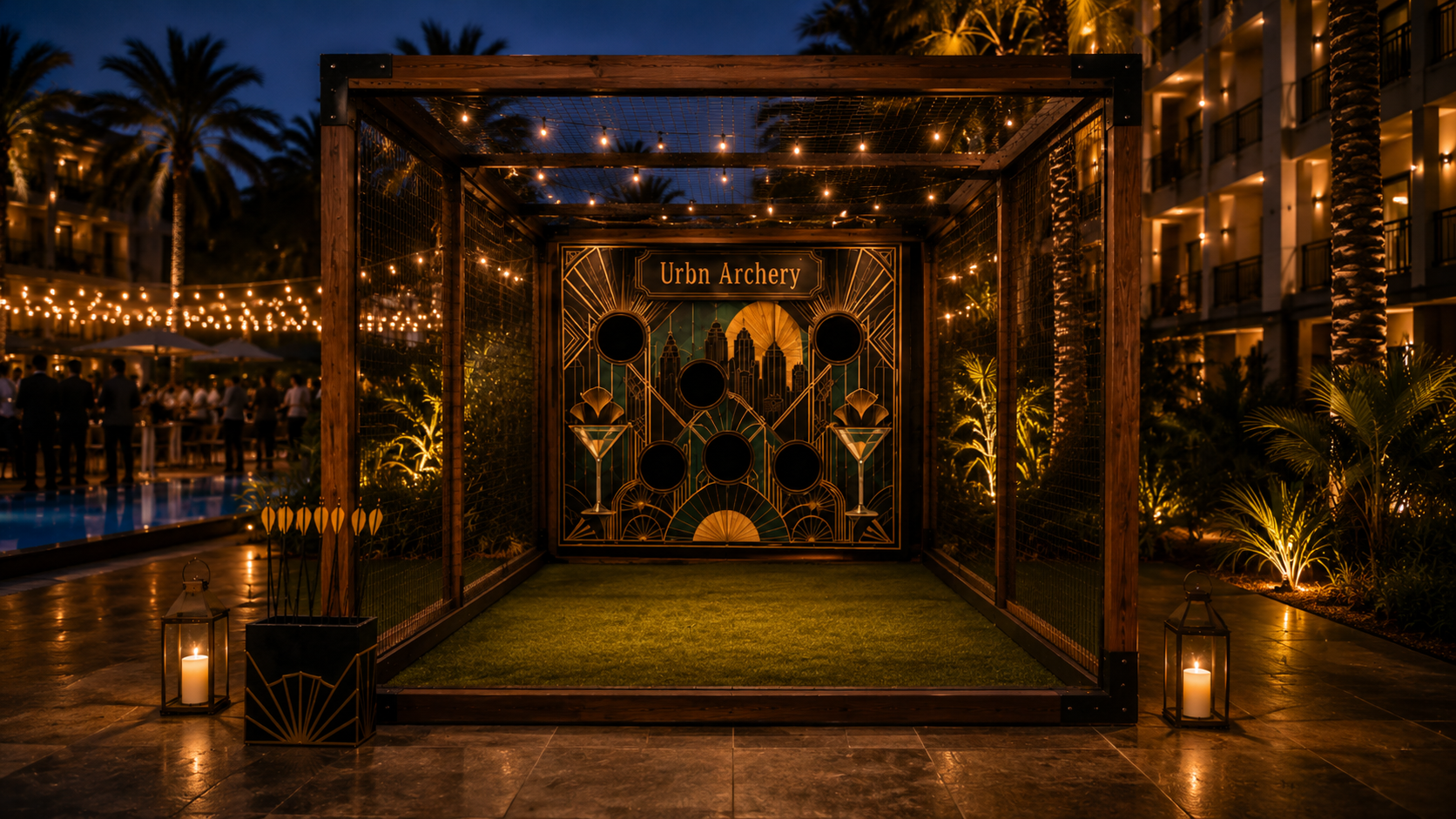 Urbn Archery target wall lit up poolside at a resort venue in the evening
