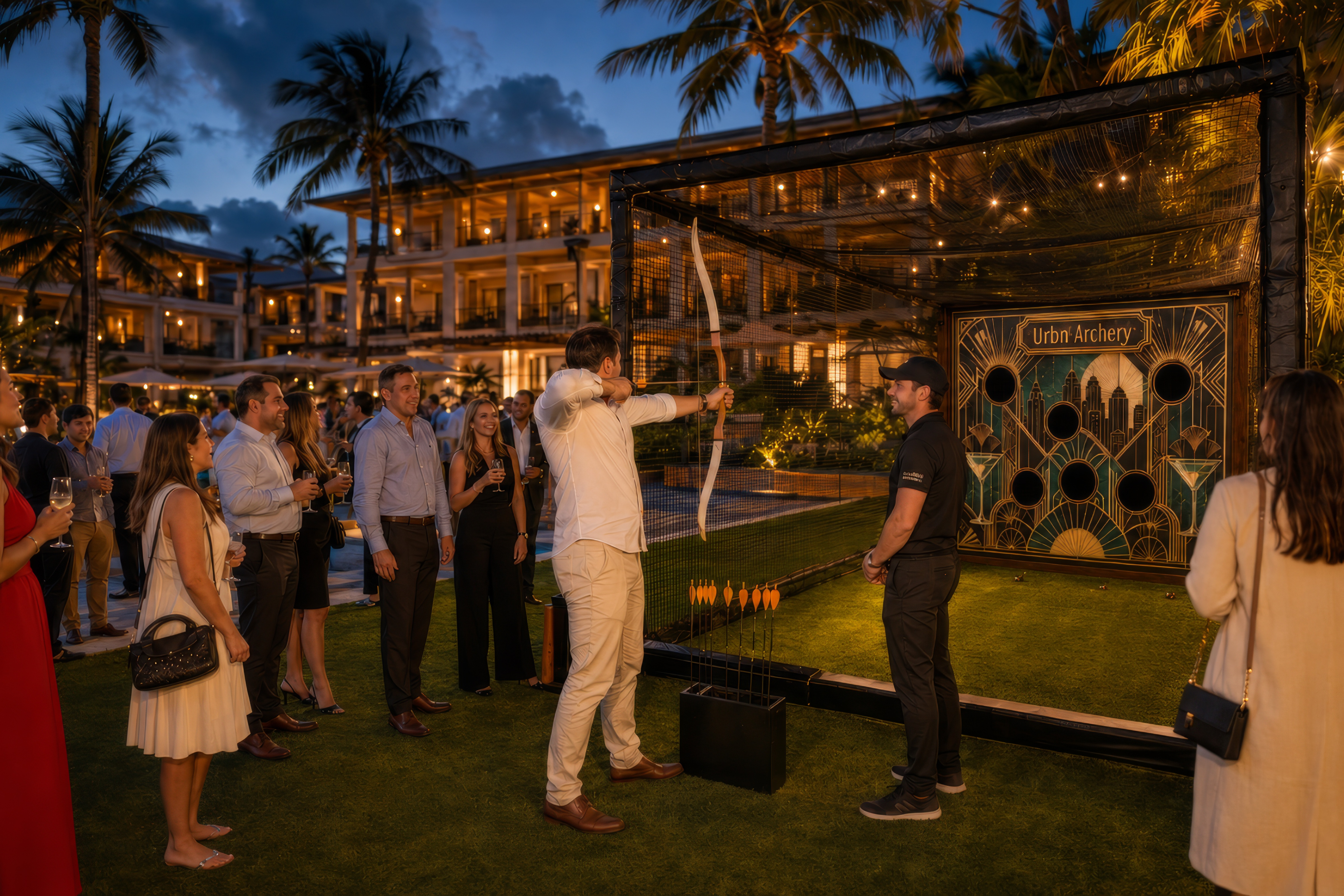 Guests trying Urbn Archery together at an evening resort event